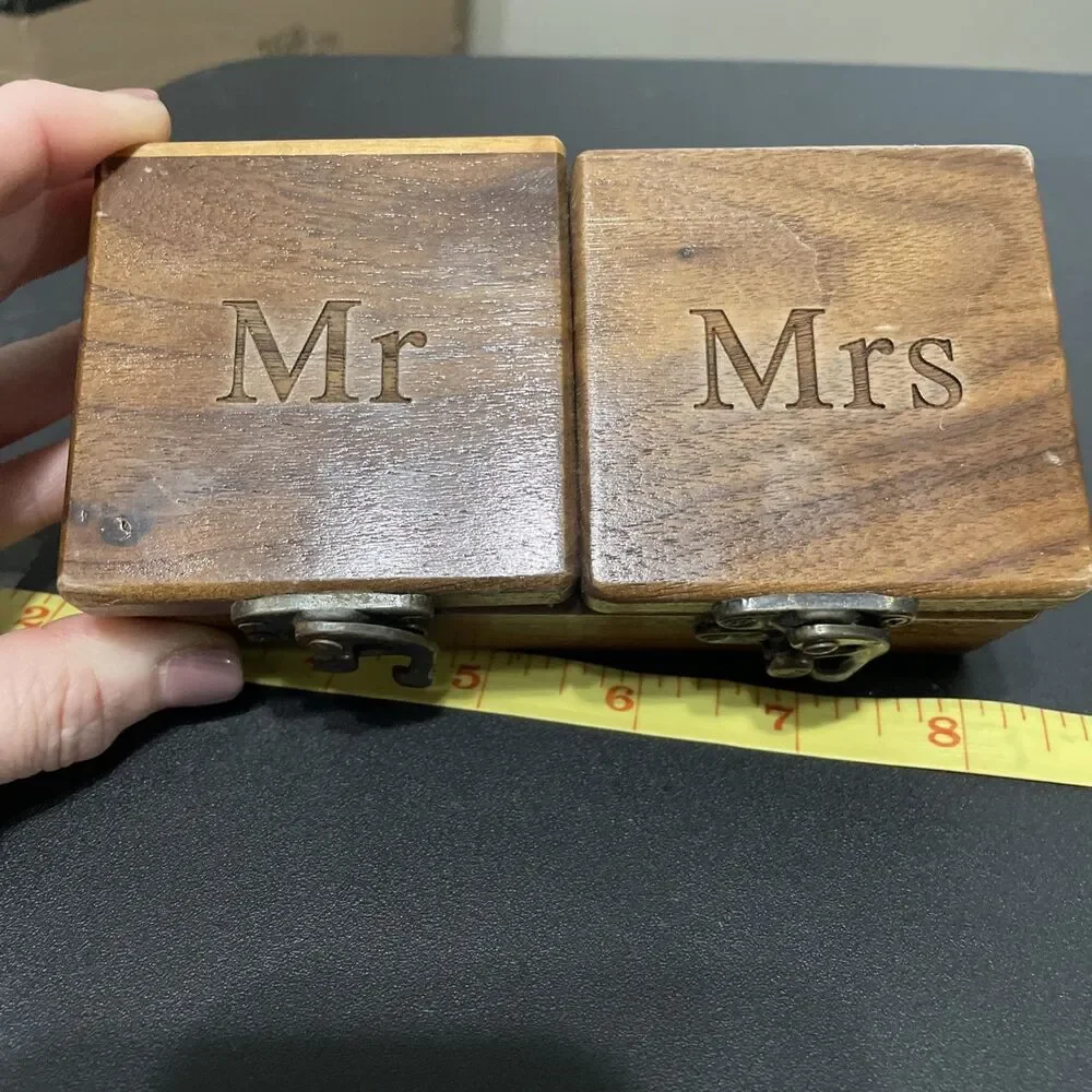 Wooden Engraved Hinged Mr & Mrs Vanity Ring Holders Vintage Cottagecore Rustic